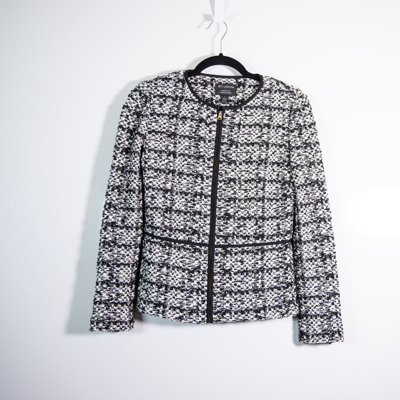 St. John Cotton Blend Woven Textured Knit Full Zip Jacket Blazer Black White 2