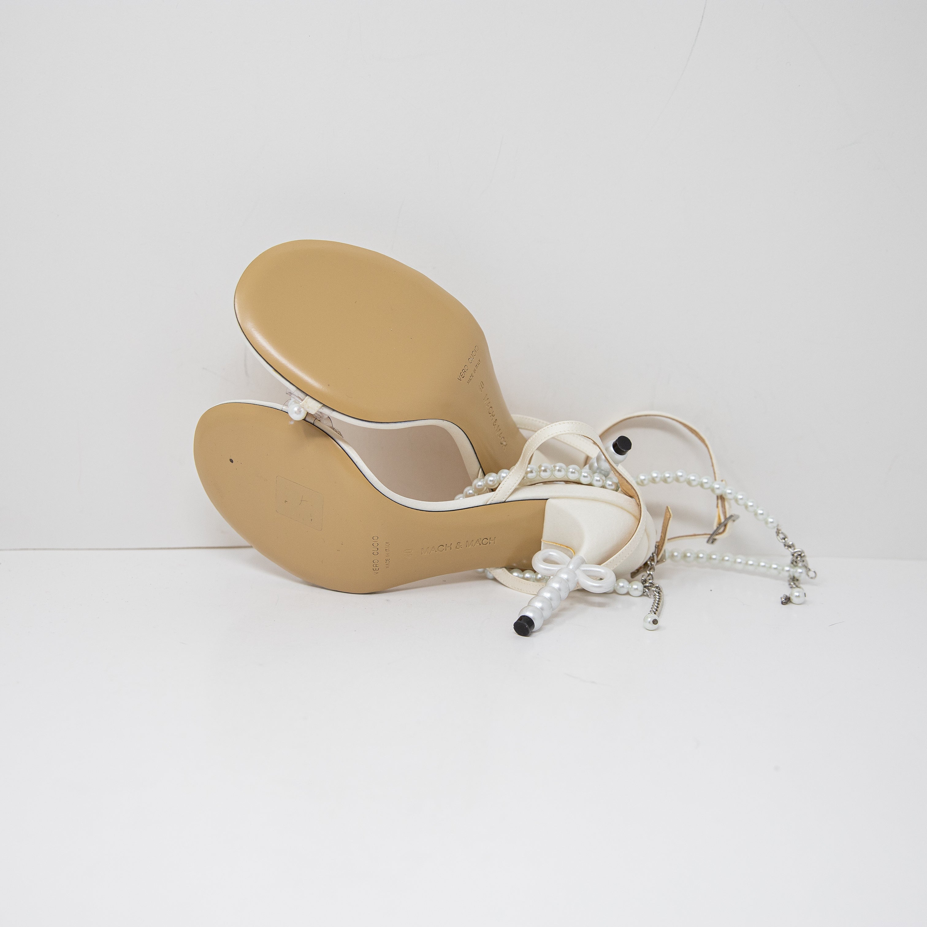 NEW Mach &amp; Mach Pearl Beaded Bow Silk Satin Open Toe High Heels Sandals Shoes 10