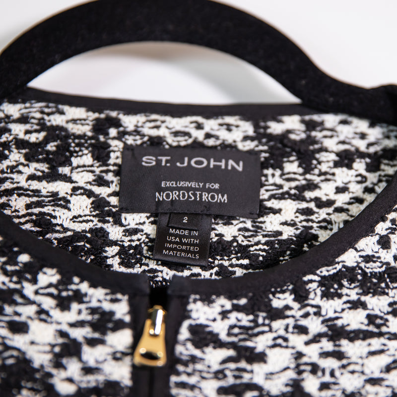 St. John Cotton Blend Woven Textured Knit Full Zip Jacket Blazer Black White 2