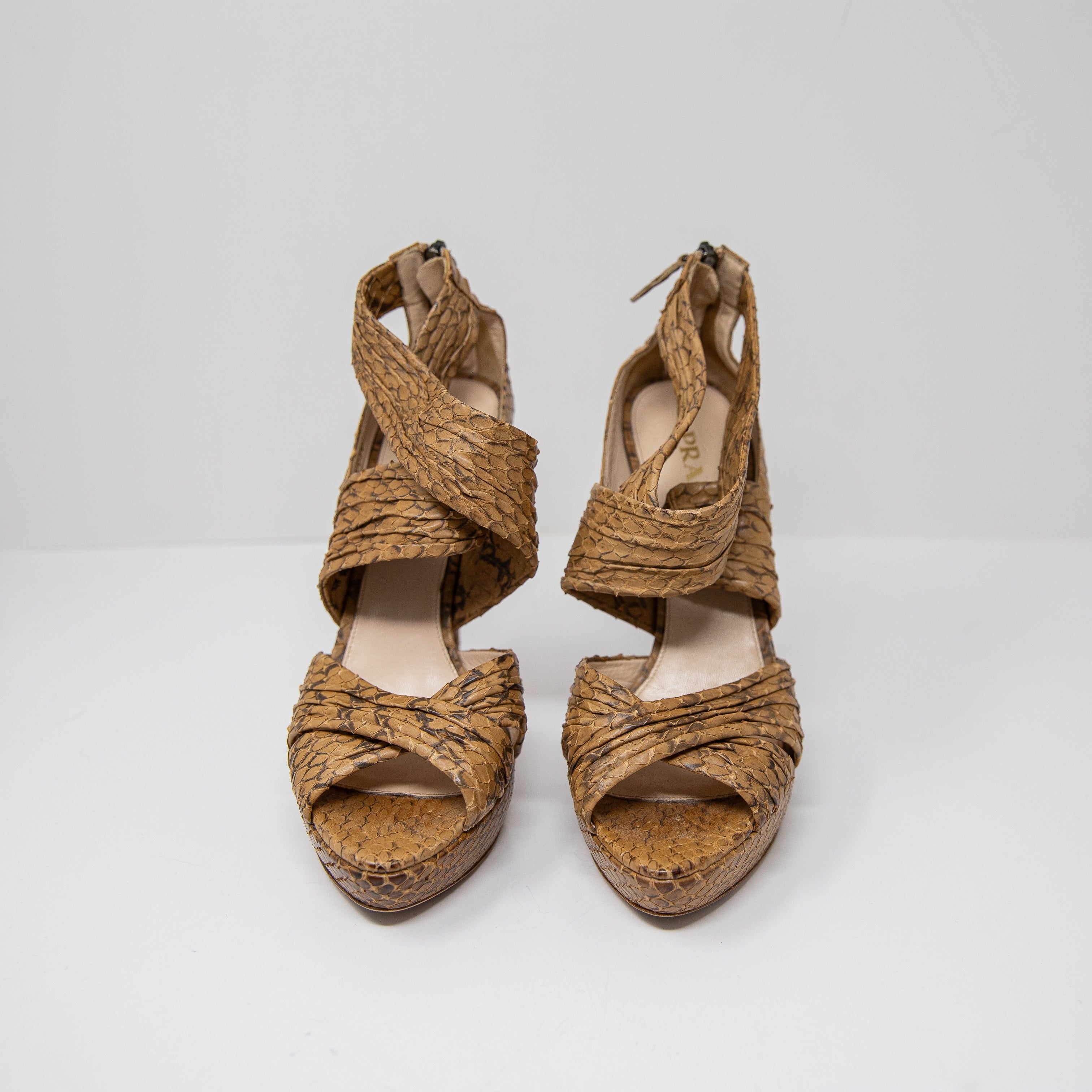 Prada Women's Genuine Leather Snake Embossed Crossover Strap High Heels Shoes 10