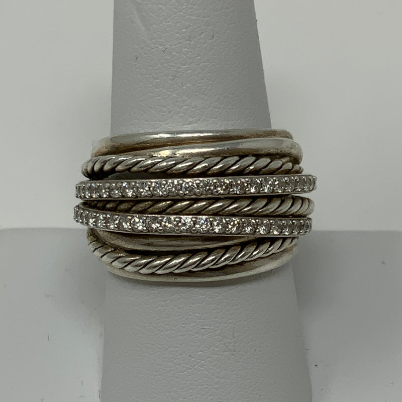 David Yurman Crossover Dome Sterling Silver 0.68 ctw Diamonds 18mm Cable Ring 9