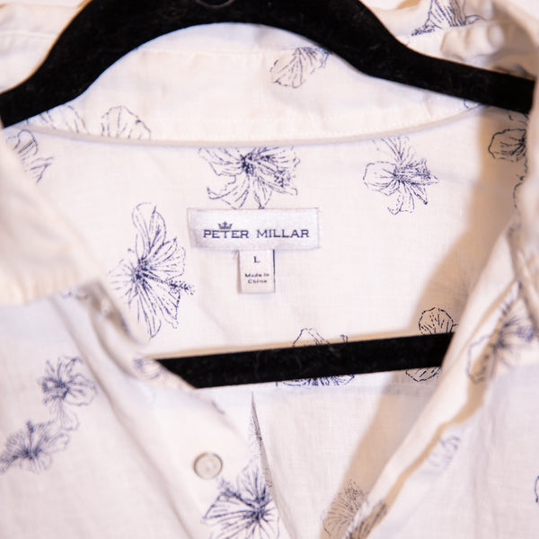 Peter Millar Beach Linen Hibiscus Floral Print Classic Fit Button Down Shirt L
