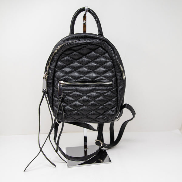 Rebecca Minkoff Quilted Leather Mini Travel Backpack Purse Bag Black Silver