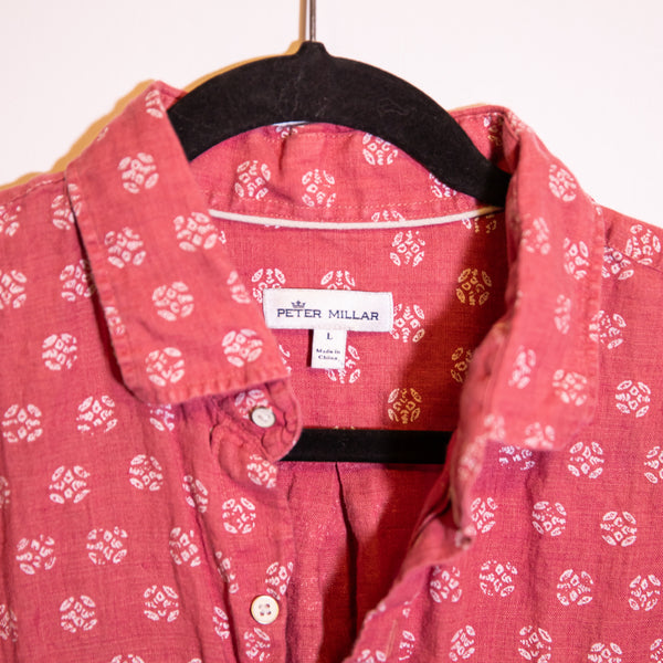 Peter Millar Beach Linen Floral Print Classic Fit Button Down Red White Shirt L