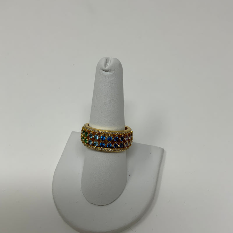 Kurt Geiger London Rainbow Multi Crystal Gem Jewel Cocktail Party Ring Gold 9