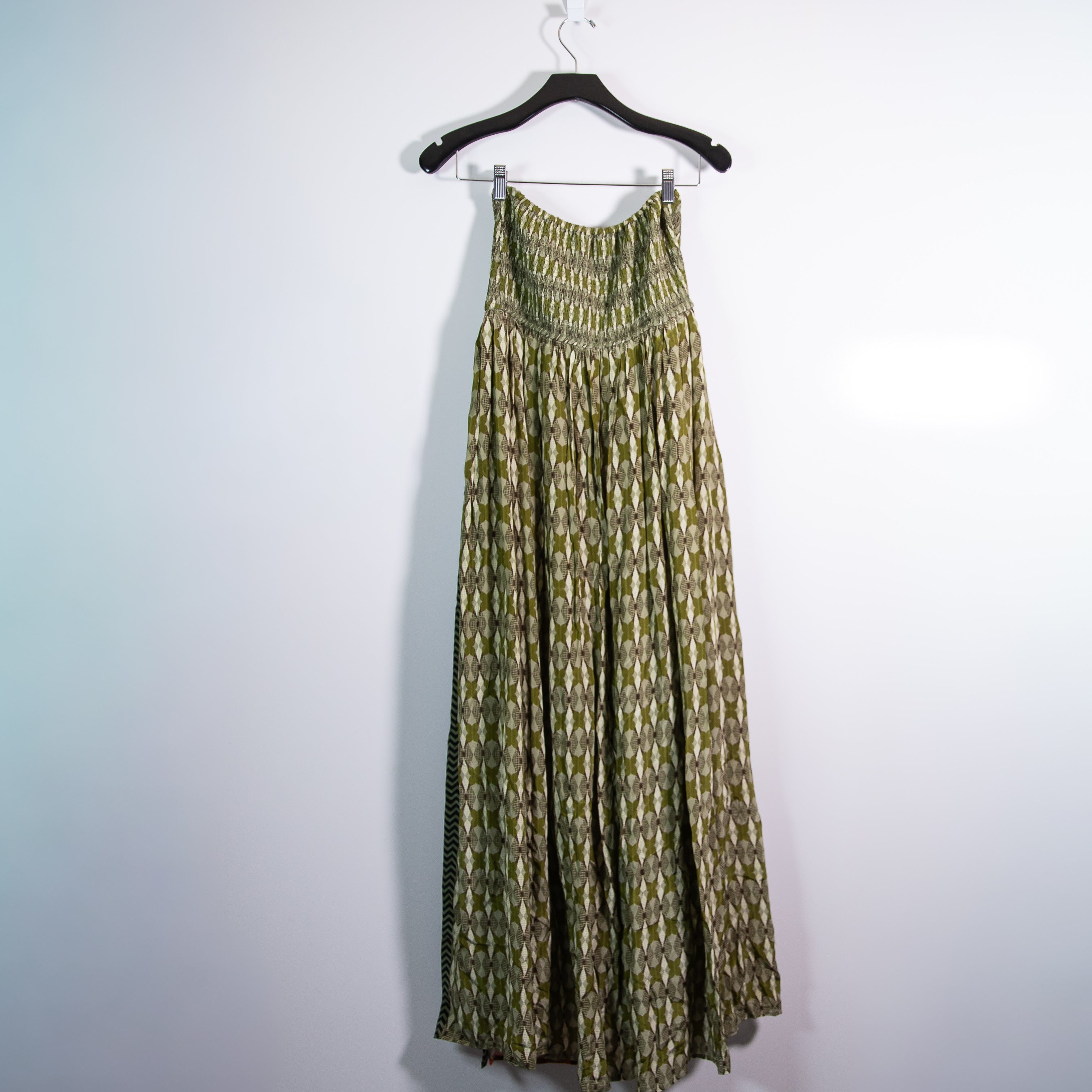 Siddhartha Bansal Sylvan Print Smocked Strapless Crepe Dress Front Slits Medium