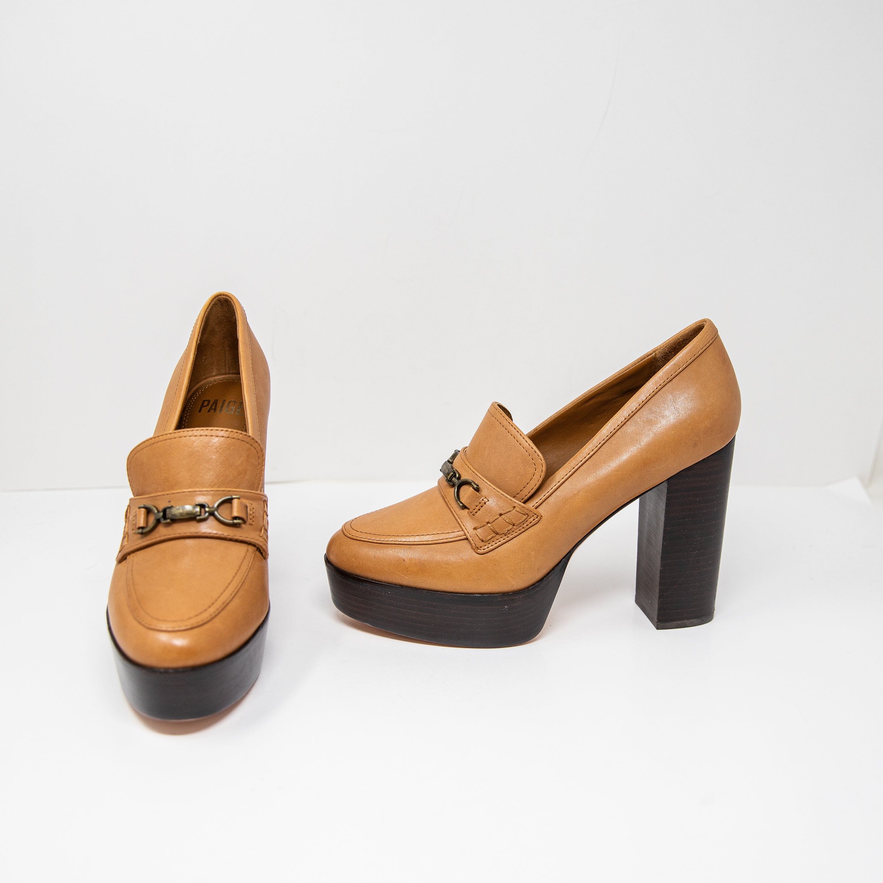 Paige Masha Genuine Leather Bit Loafer Platform Pumps Heels Shoes Brown Tan 8.5