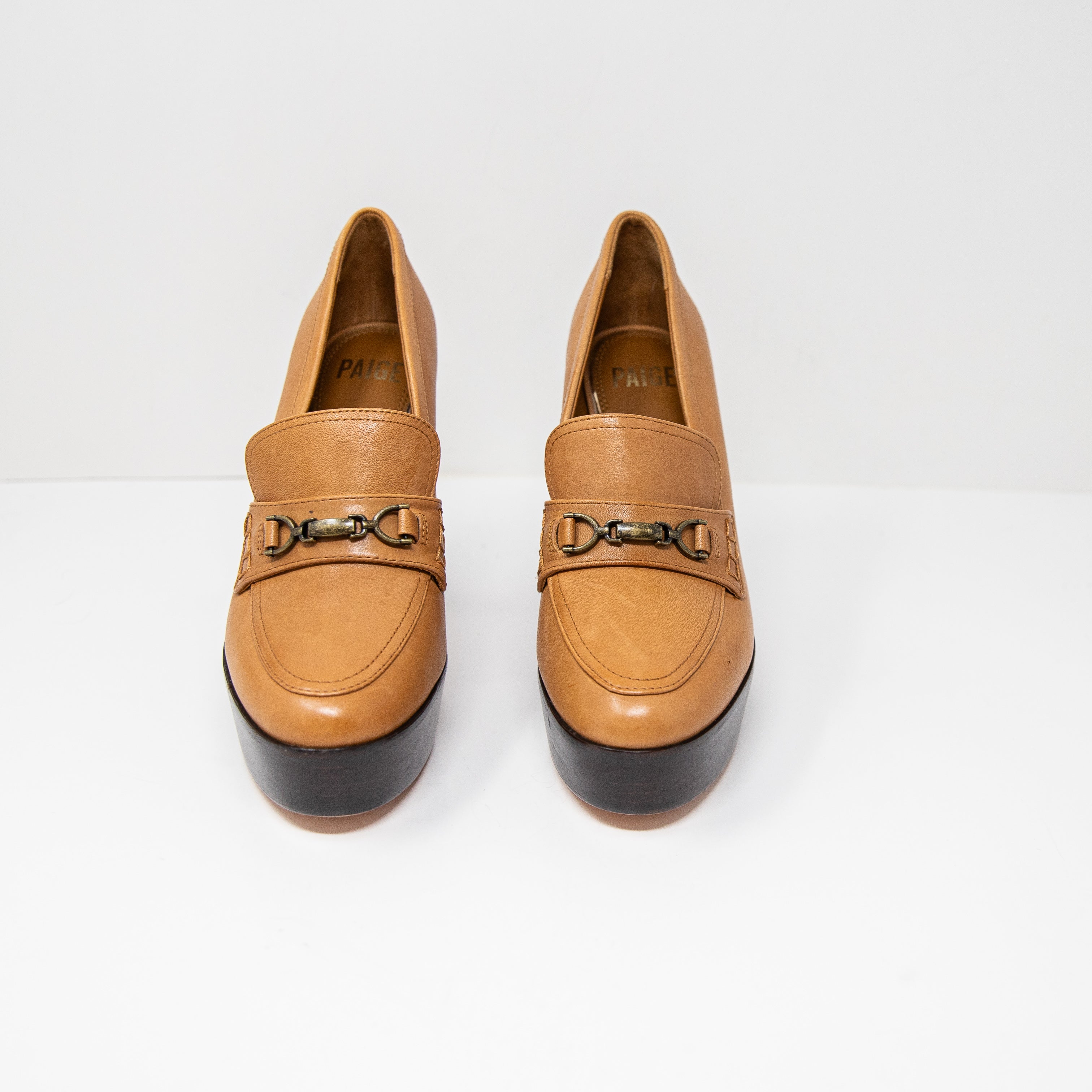 Paige Masha Genuine Leather Bit Loafer Platform Pumps Heels Shoes Brown Tan 8.5