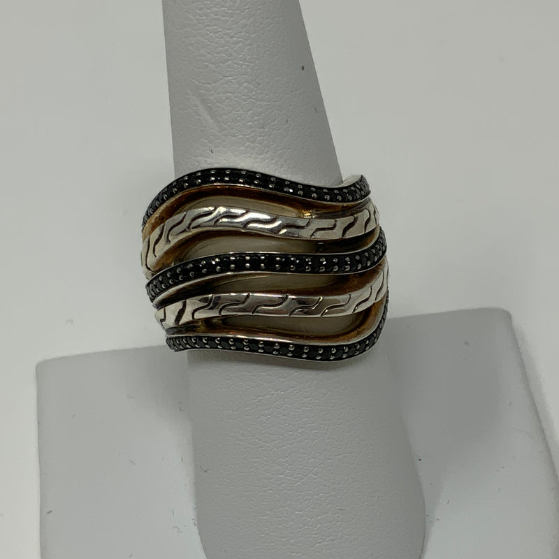 John Hardy Chain Motif Pavé Stacked 925 Silver Lava Treated Black Sapphire Ring