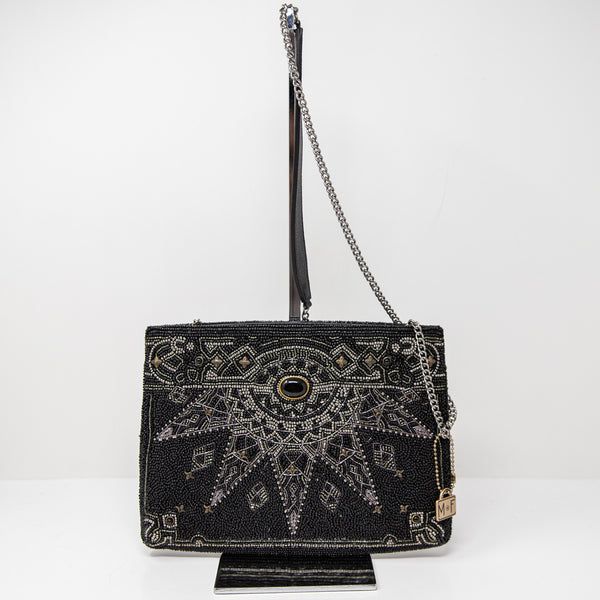 Mary Frances Genuine Leather Beaded Stone Brass Embellished Shoulder Purse Bag