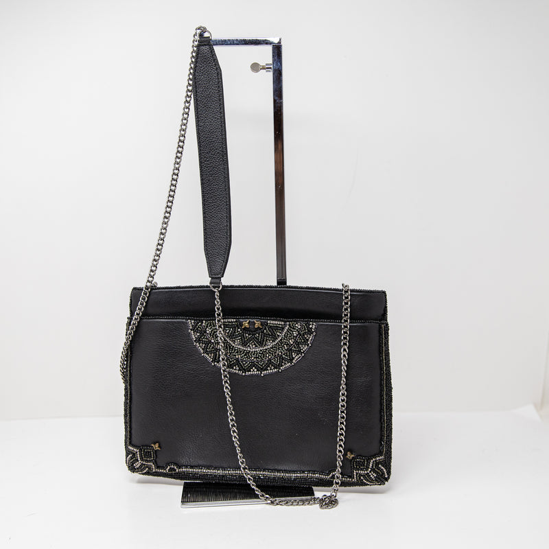 Mary Frances Genuine Leather Beaded Stone Brass Embellished Shoulder Purse Bag
