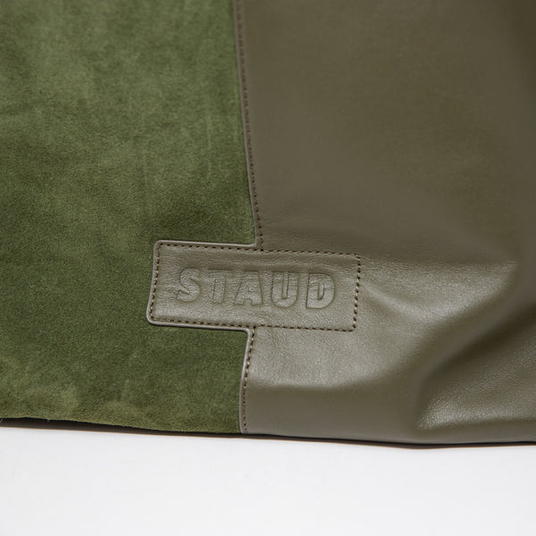 Staud Ida Genuine Leather Suede Bi-Panel Shoulder Purse Tote Bag Green Olive