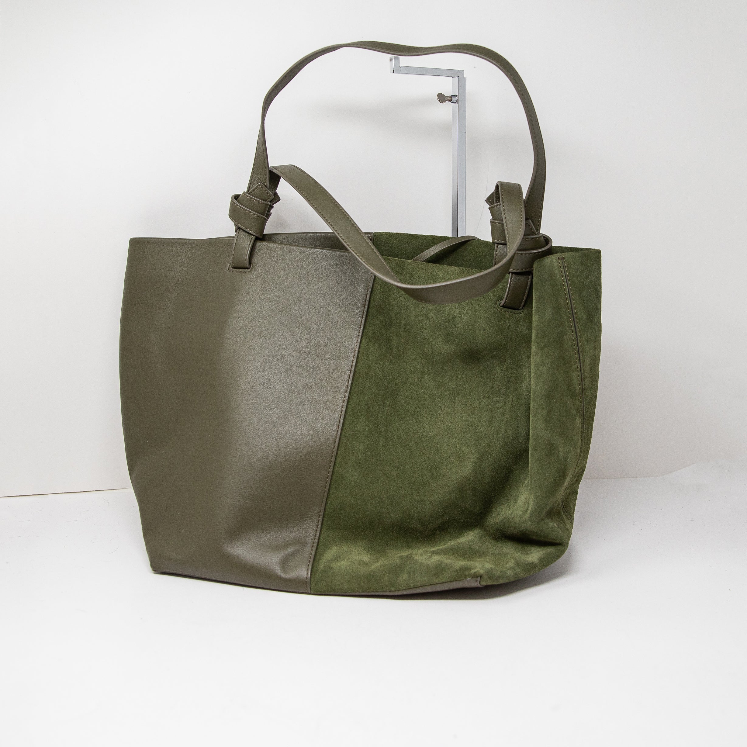 Staud Ida Genuine Leather Suede Bi-Panel Shoulder Purse Tote Bag Green Olive