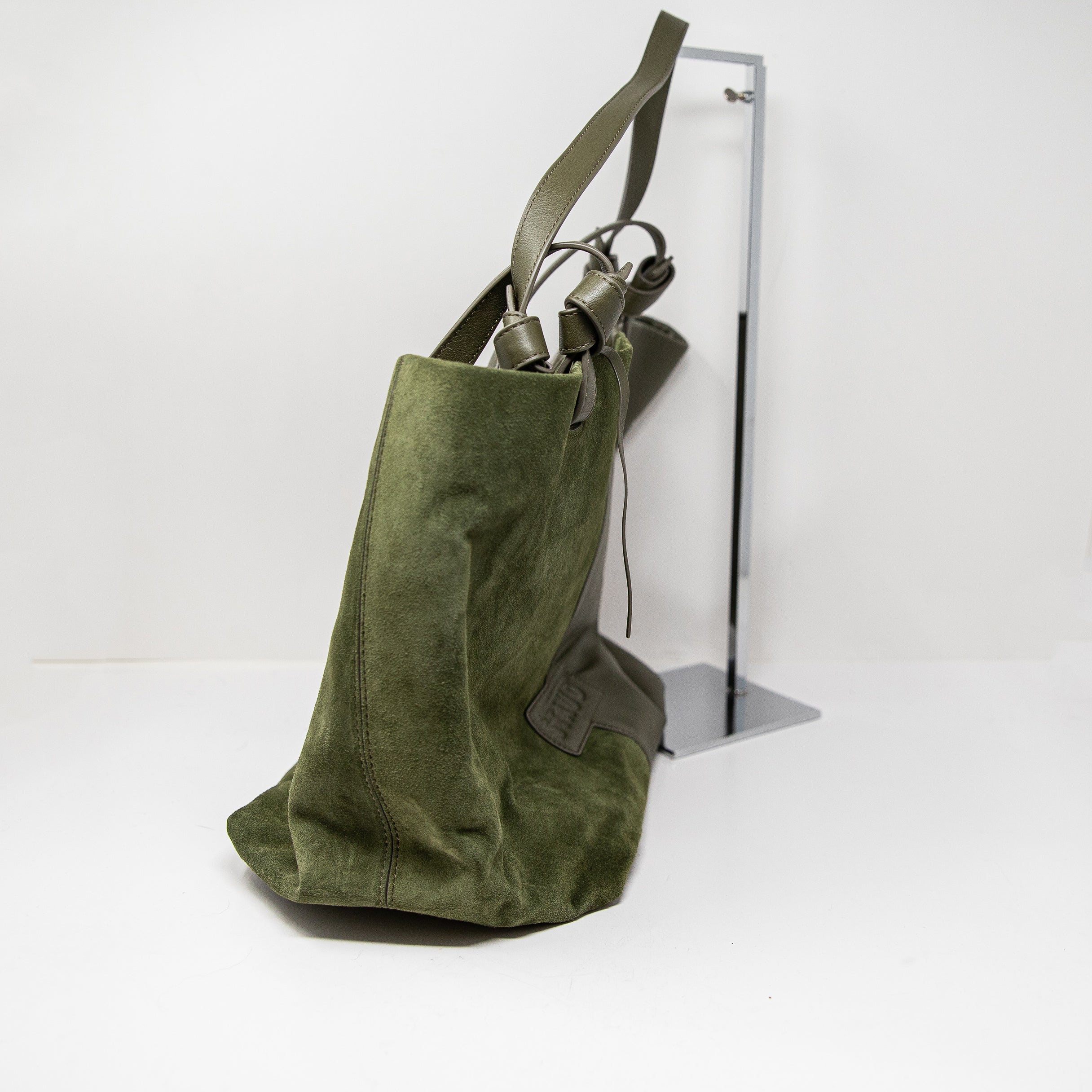 Staud Ida Genuine Leather Suede Bi-Panel Shoulder Purse Tote Bag Green Olive