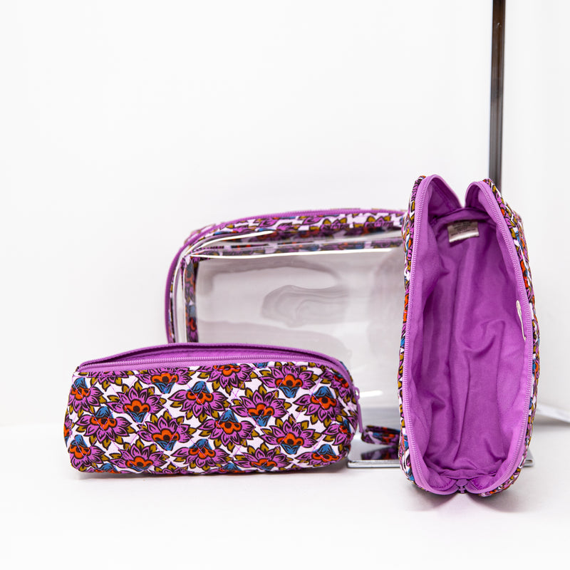 NEW Vera Bradley 3 Pc. Cosmetic Travel Makeup Beauty Purse Bag Set Scaevola Fan