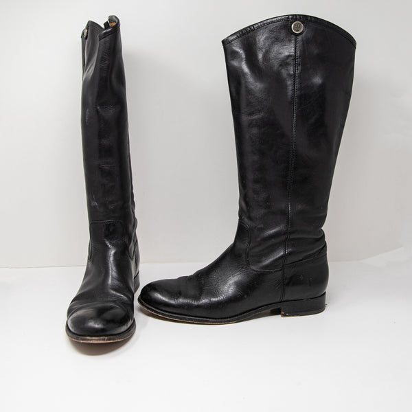 Frye Melissa Genuine Leather Block Pull On Riding Boots Shoes Solid Black 10