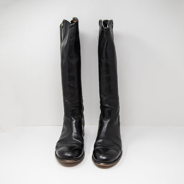 Frye Melissa Genuine Leather Block Pull On Riding Boots Shoes Solid Black 10