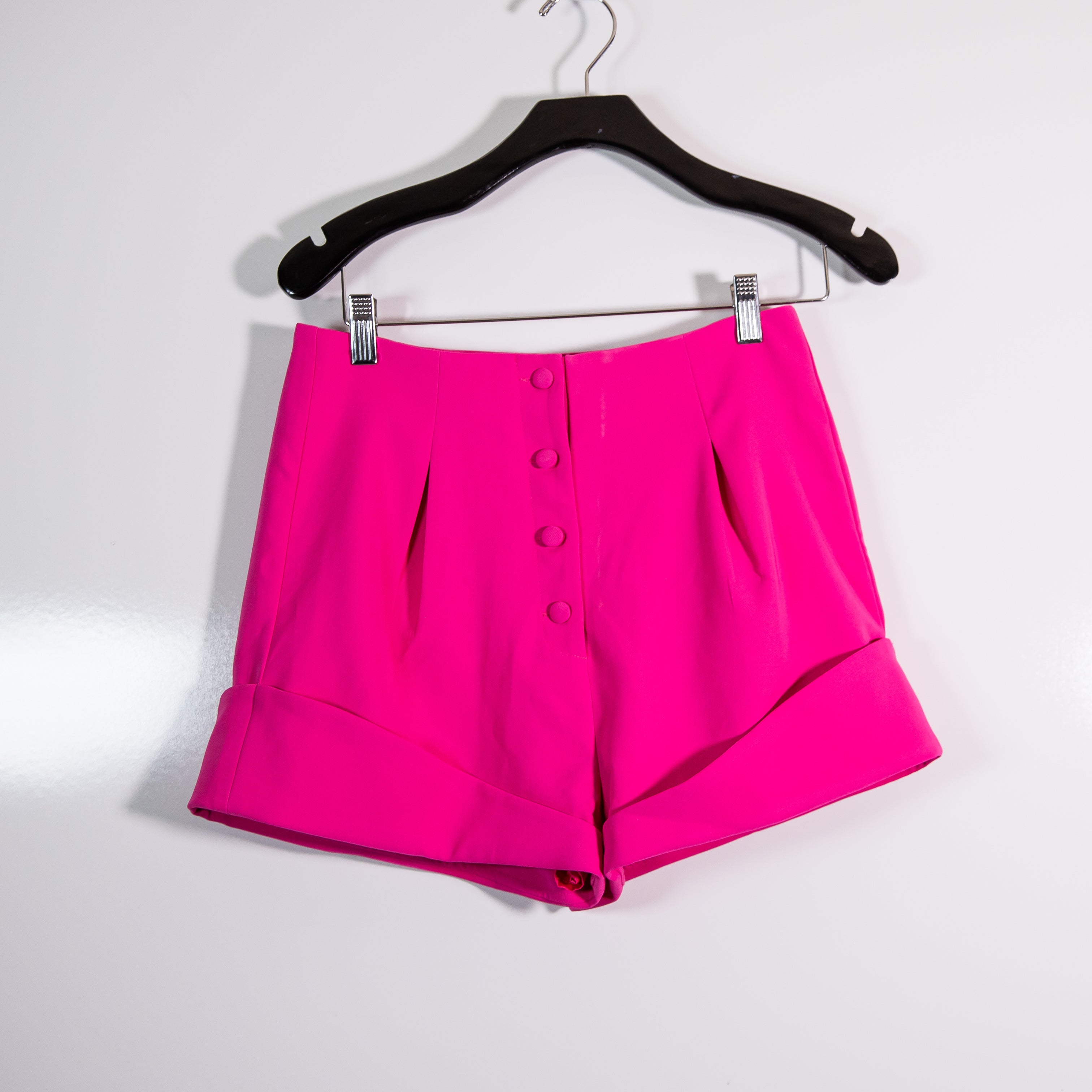 Camila Coelho Paulina High Rise Button Front Pleated Mini Shorts Fuchsia Pink S