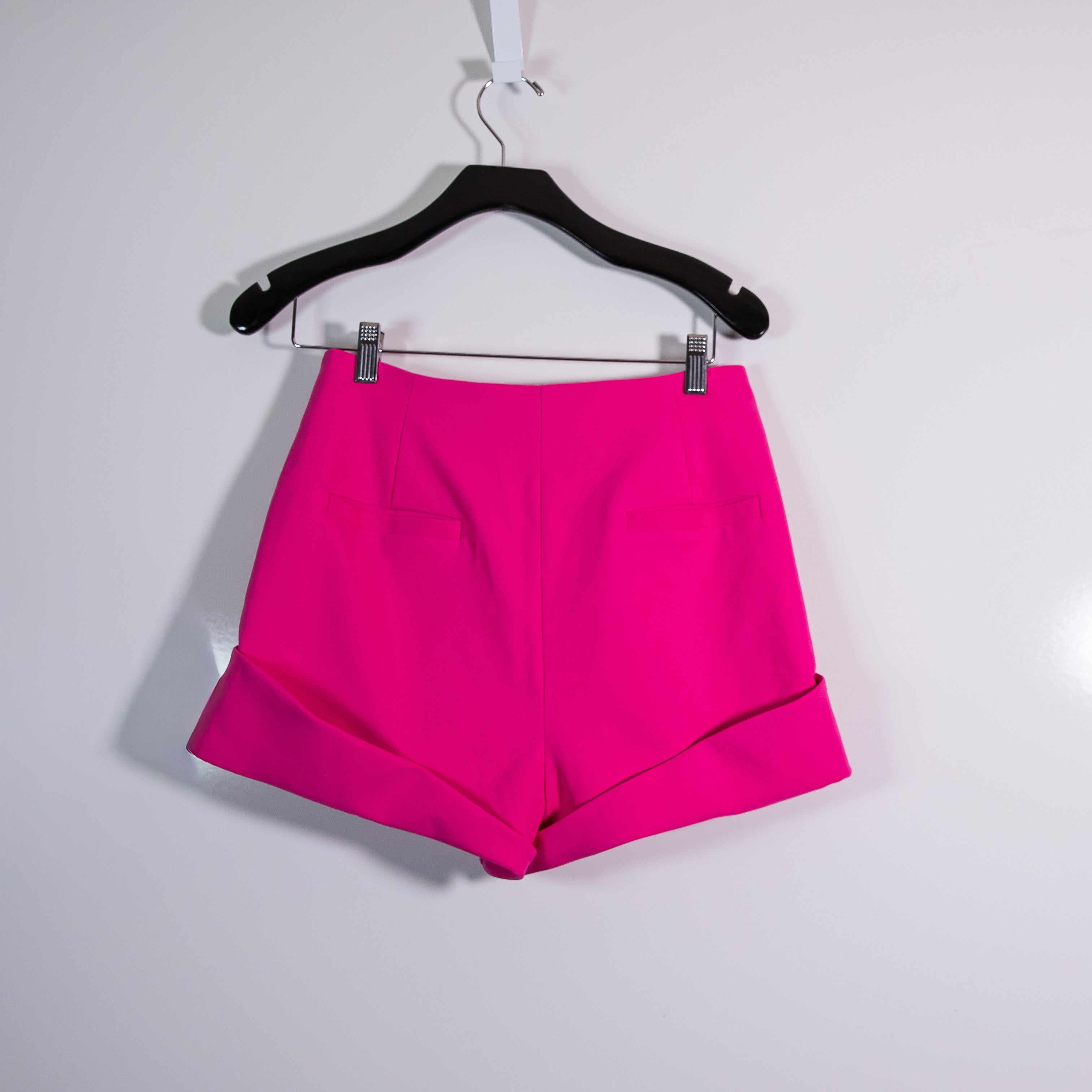 Camila Coelho Paulina High Rise Button Front Pleated Mini Shorts Fuchsia Pink S
