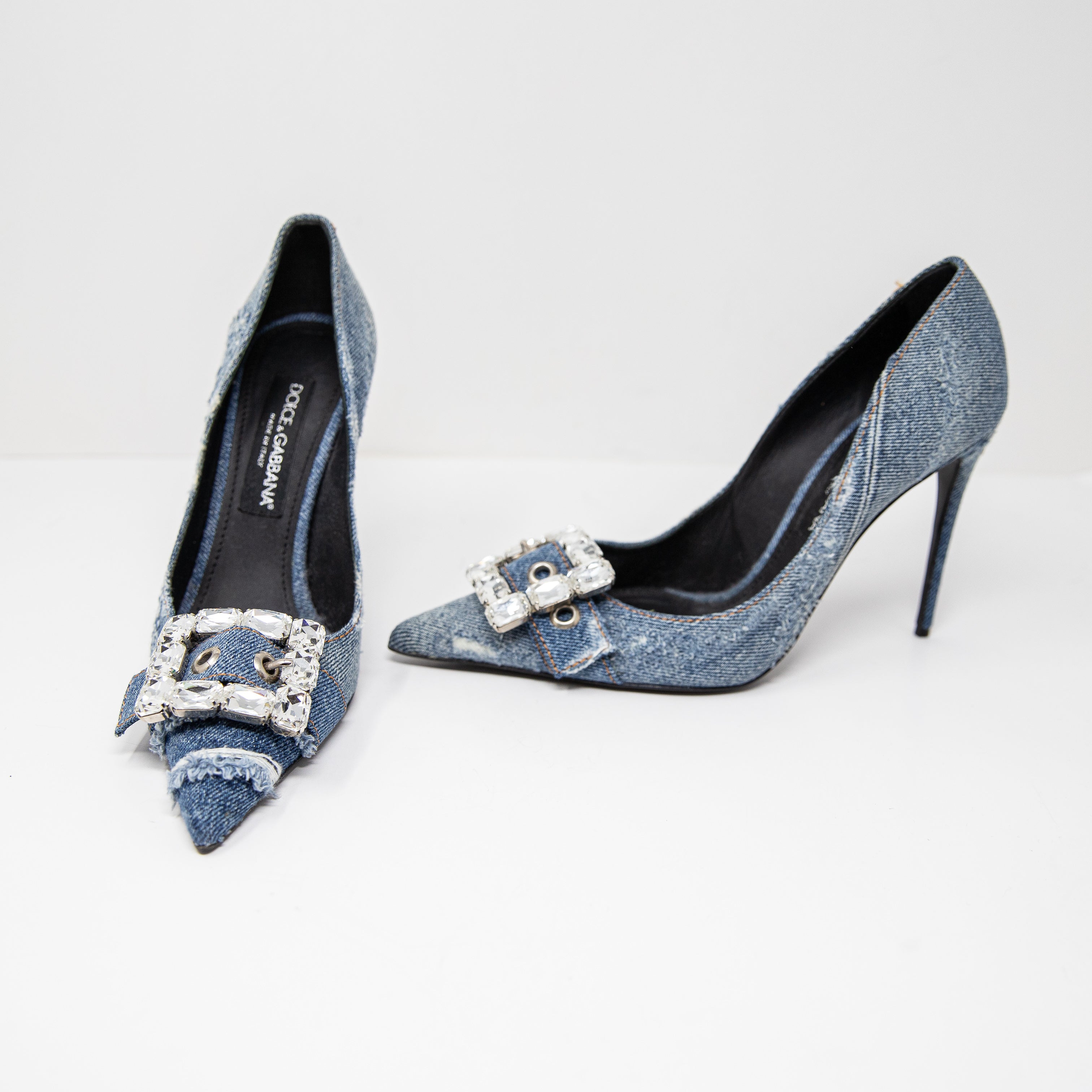 Dolce & Gabbana Distressed Denim Jean Crystal Jewel Diamond High Heels Shoes 10