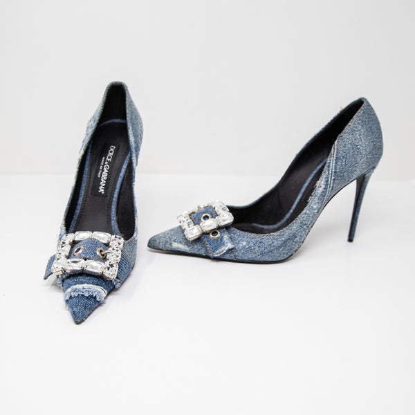 Dolce &amp; Gabbana Distressed Denim Jean Crystal Jewel Diamond High Heels Shoes 10