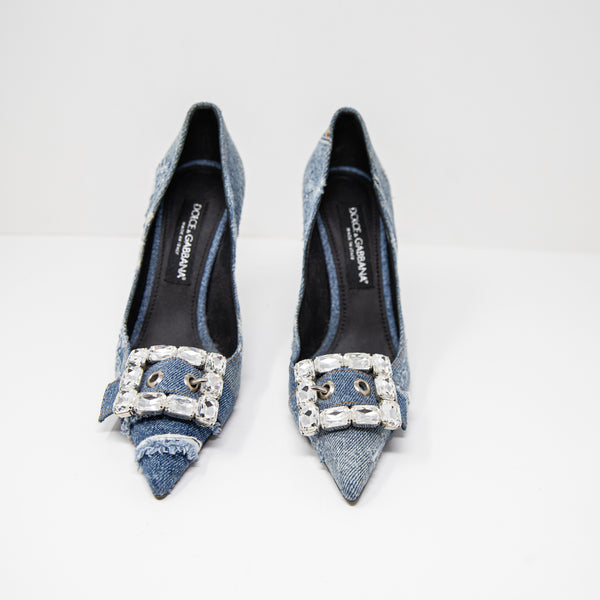 Dolce &amp; Gabbana Distressed Denim Jean Crystal Jewel Diamond High Heels Shoes 10