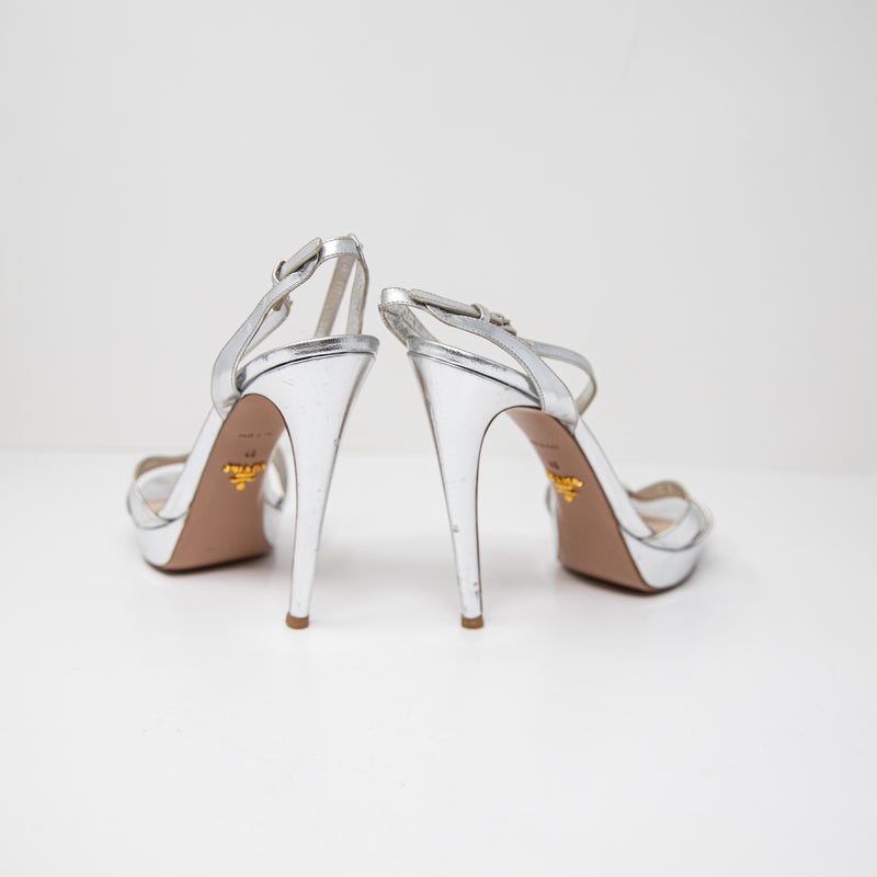 Prada Milano Genuine Leather Silver Metallic Platform Sandal High Heels Shoes 10