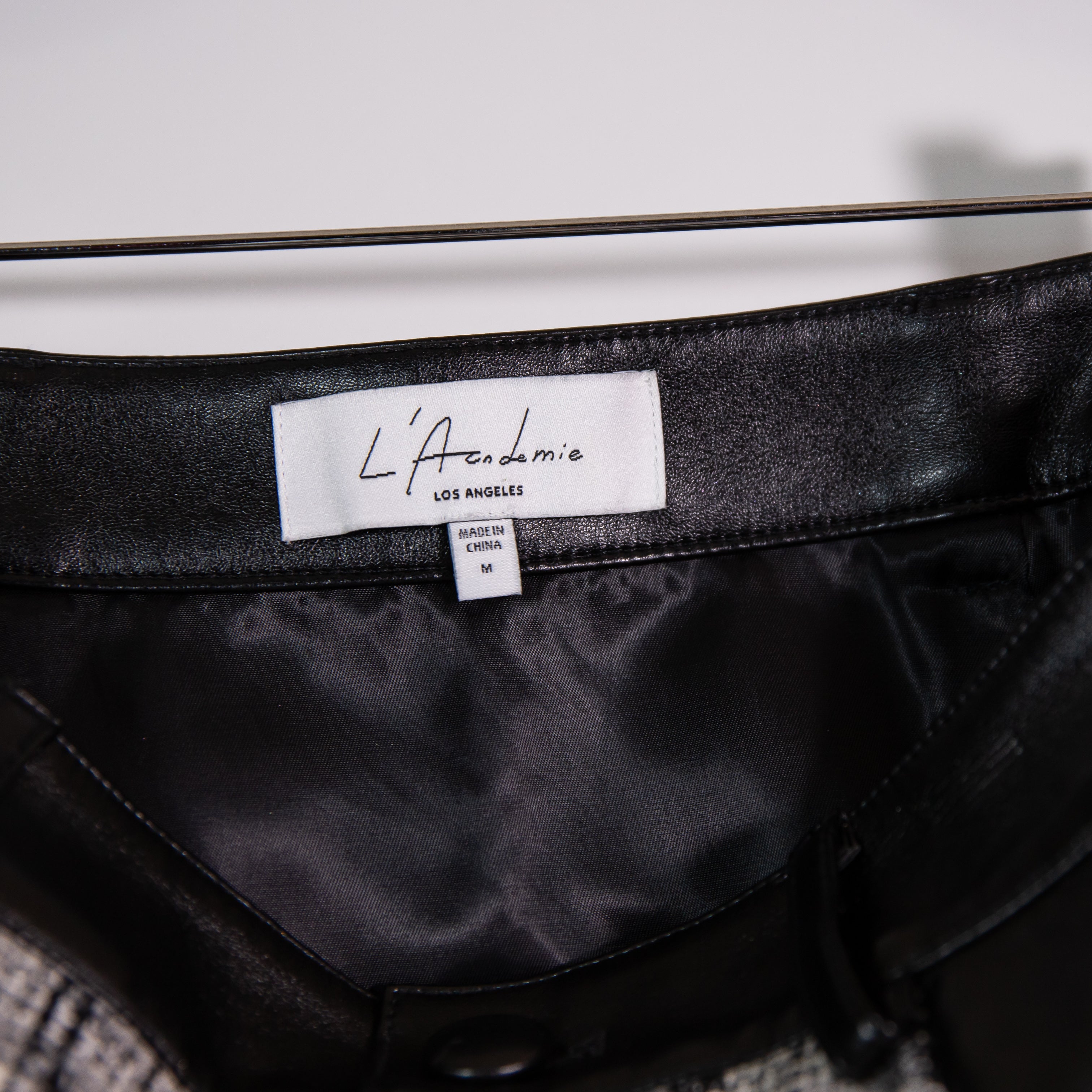 L'Academie Faux Vegan Leather Tweed Boucle Textured Mini Skirt Black White M