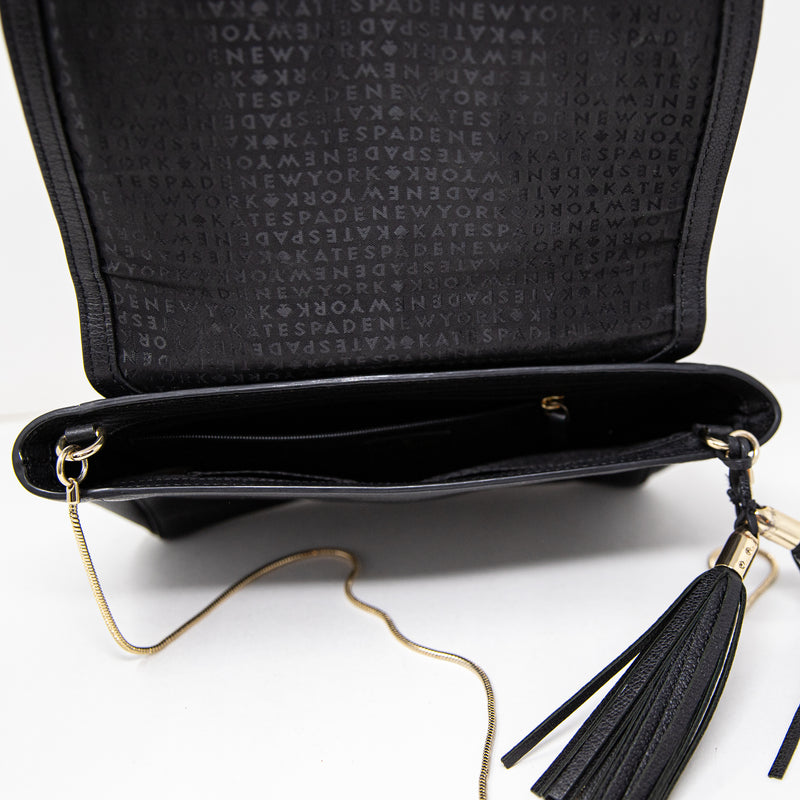 Kate Spade Genuine Leather Tassel Gold Snake Chain Shoulder Purse Bag Black