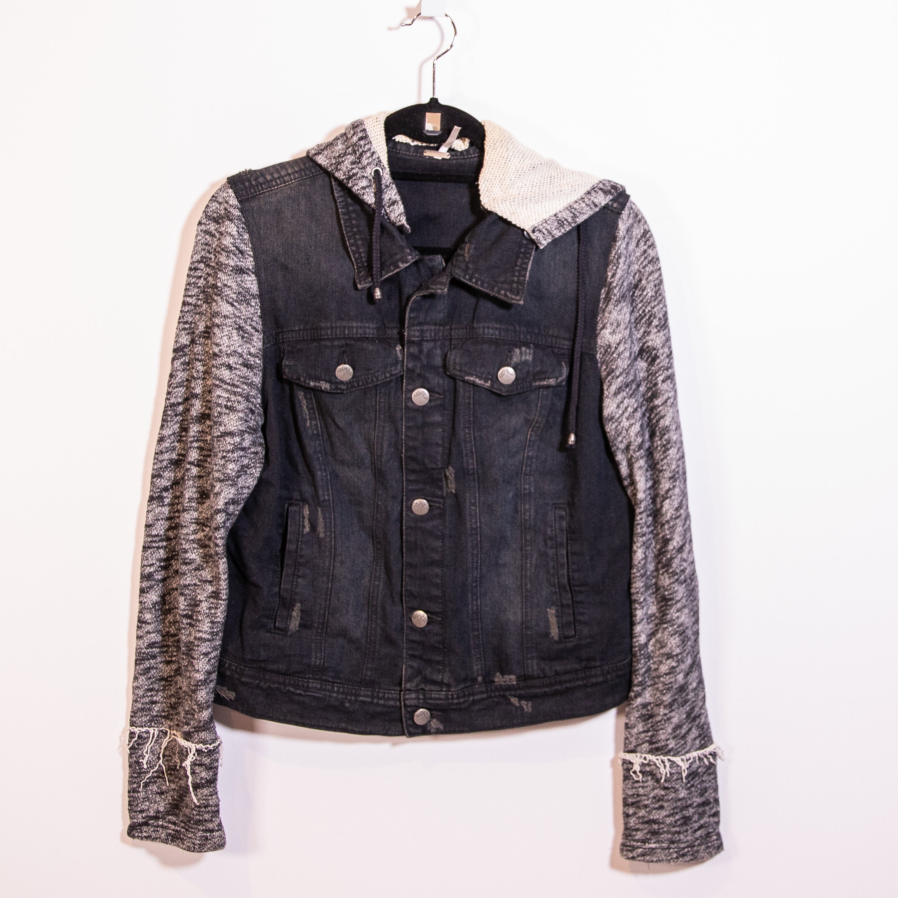 Free People Cotton Knit Denim Jean stretch Button Front Hooded Jacket Black Gray