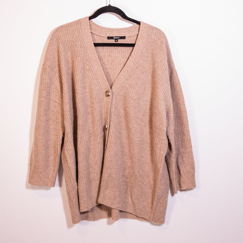 Quince Women's 100% Cashmere Knit Button Front Cardigan Sweater Beige Tan Medium