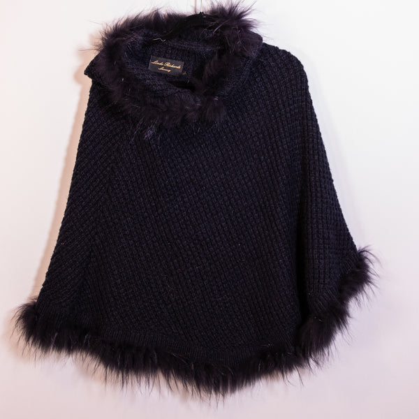 Linda Richards Chunky Knit Genuine Fur Lined Trim Hooded Poncho Sweater Blue OS