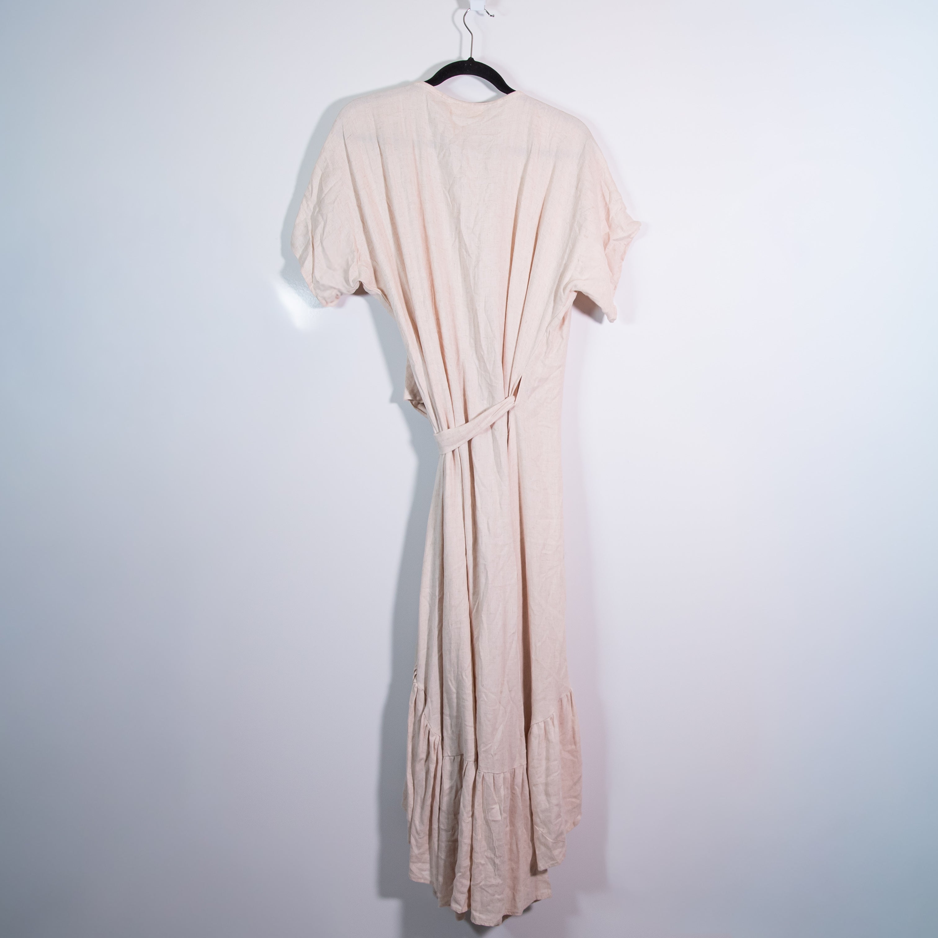 NEW Spiritum Cotton Lightweight Gauze Ruffle Trim Wrap Midi Dress Neutral Small
