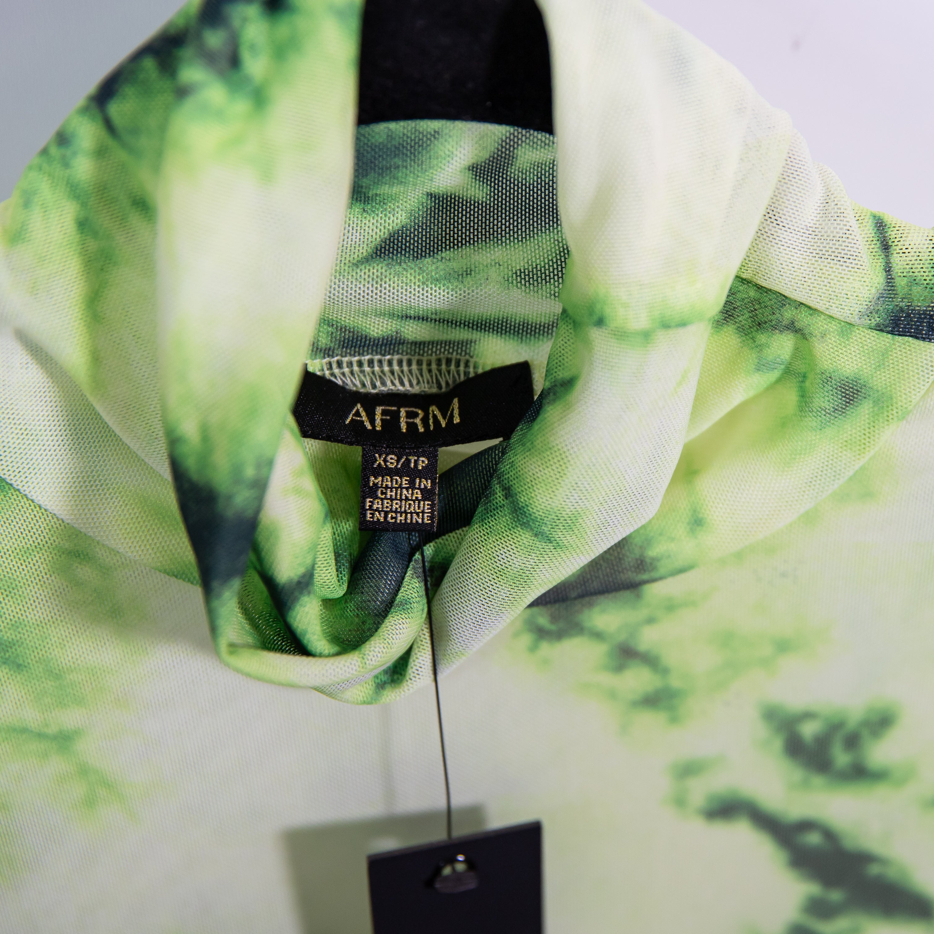 NEW AFRM Shailene Sheer Mesh Mockneck Long Sleeve Midi Dress Lime Green Tie Dye
