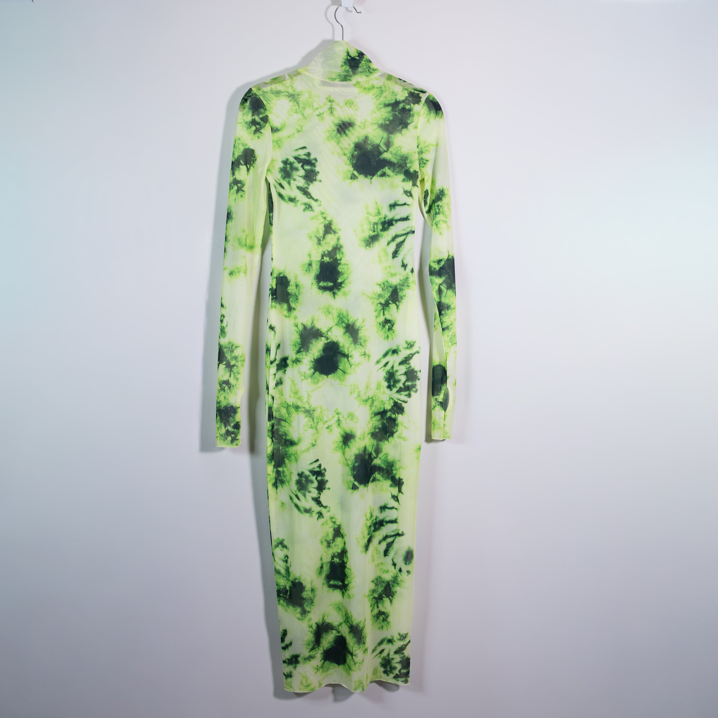 NEW AFRM Shailene Sheer Mesh Mockneck Long Sleeve Midi Dress Lime Green Tie Dye