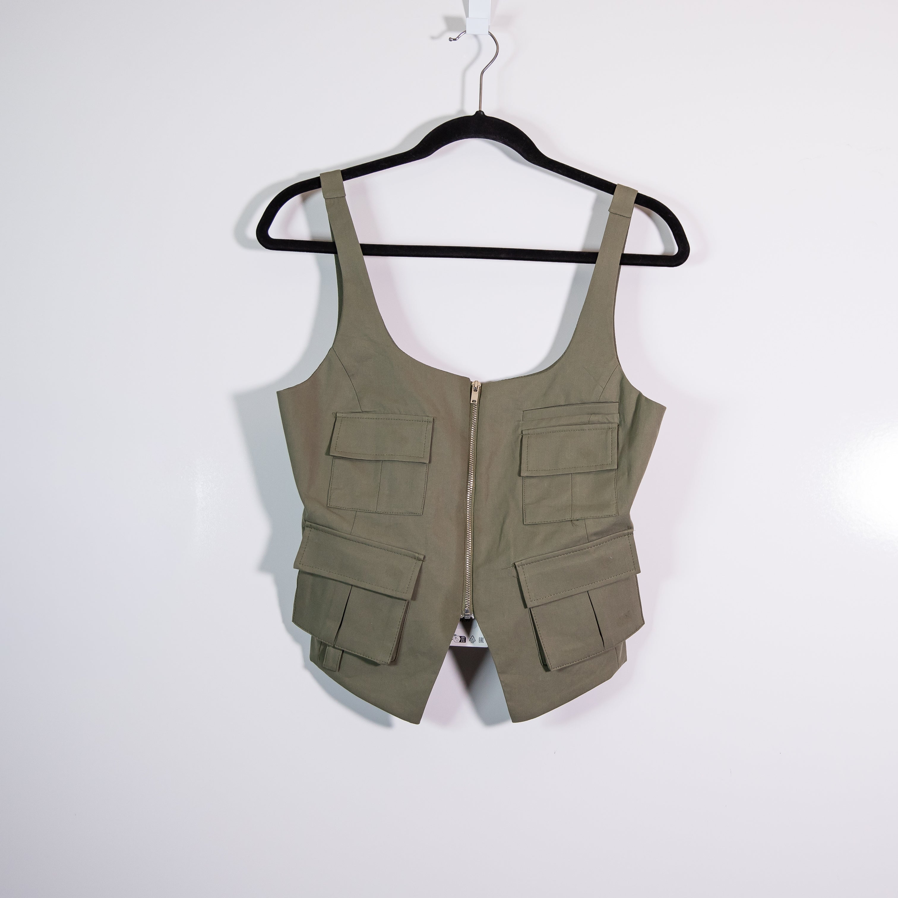NEW Zara Women's Cargo Multi Pocket Utility Army Front Zip Crop Tank Top Green M
