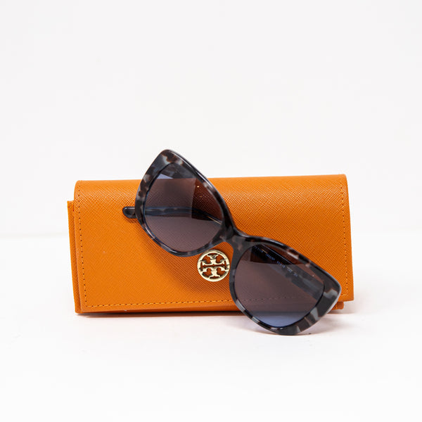 Tory Burch TY7114 Tortoise Shell Frame Exaggerated Cat Eye Blue Lens Sunglasses