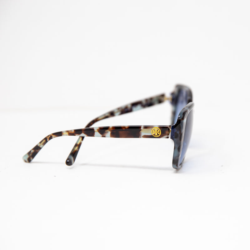 Tory Burch TY7114 Tortoise Shell Frame Exaggerated Cat Eye Blue Lens Sunglasses