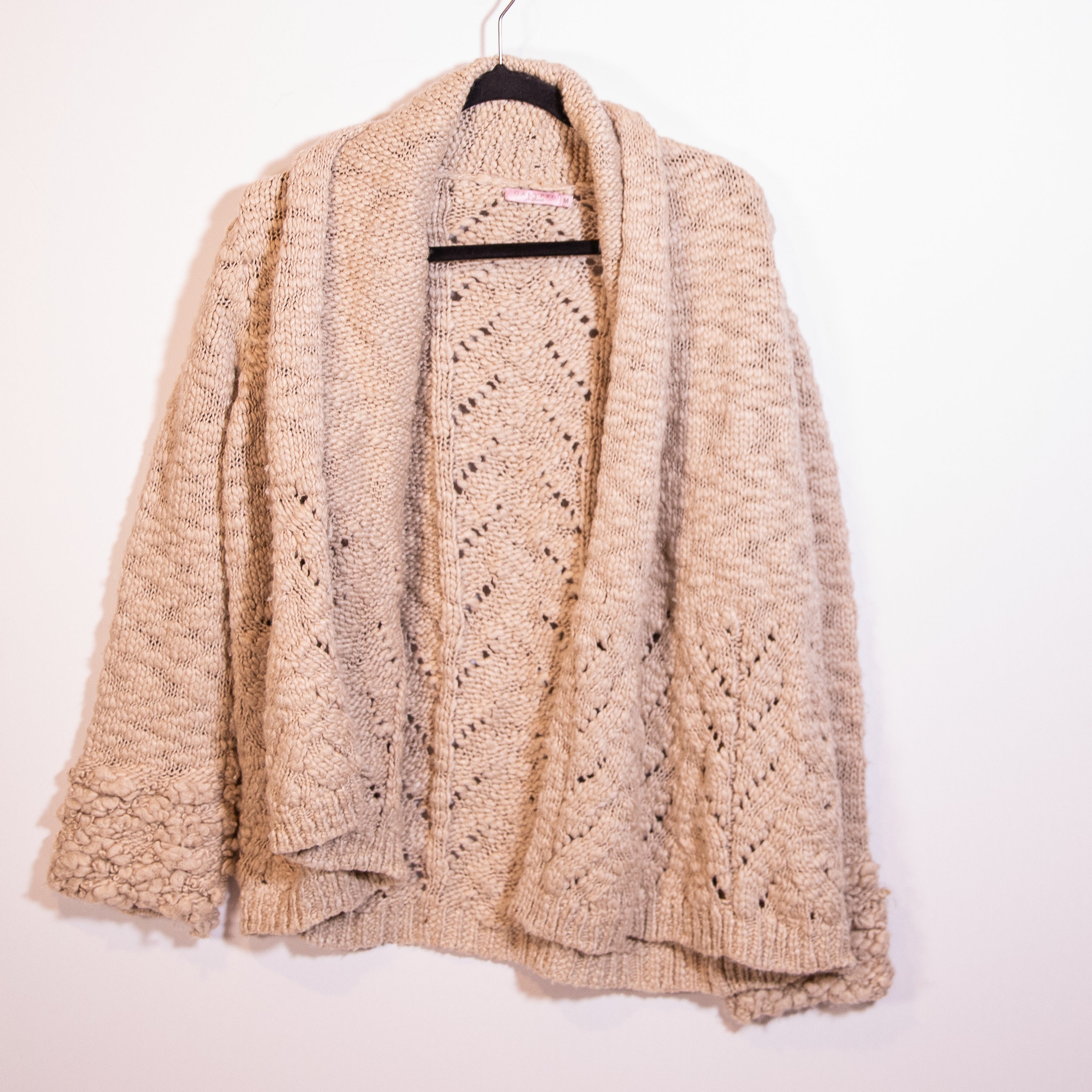 Calypso Wool Silk Knit Crochet Open Front Cardigan Sweater Beige Tan Medium
