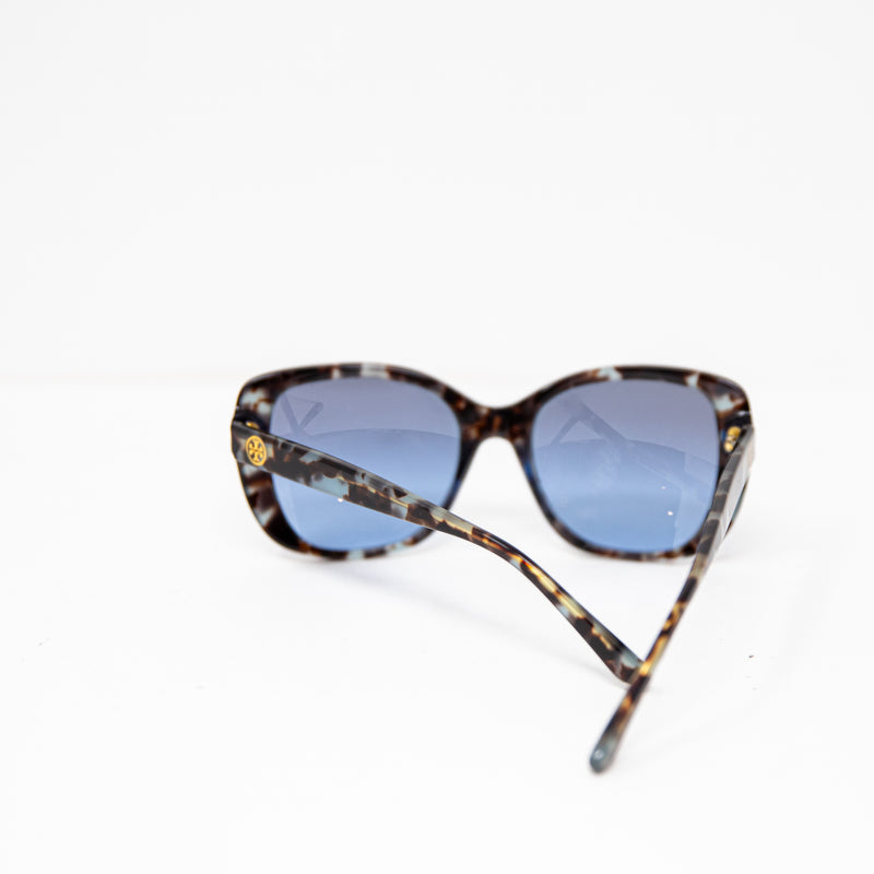 Tory Burch TY7114 Tortoise Shell Frame Exaggerated Cat Eye Blue Lens Sunglasses