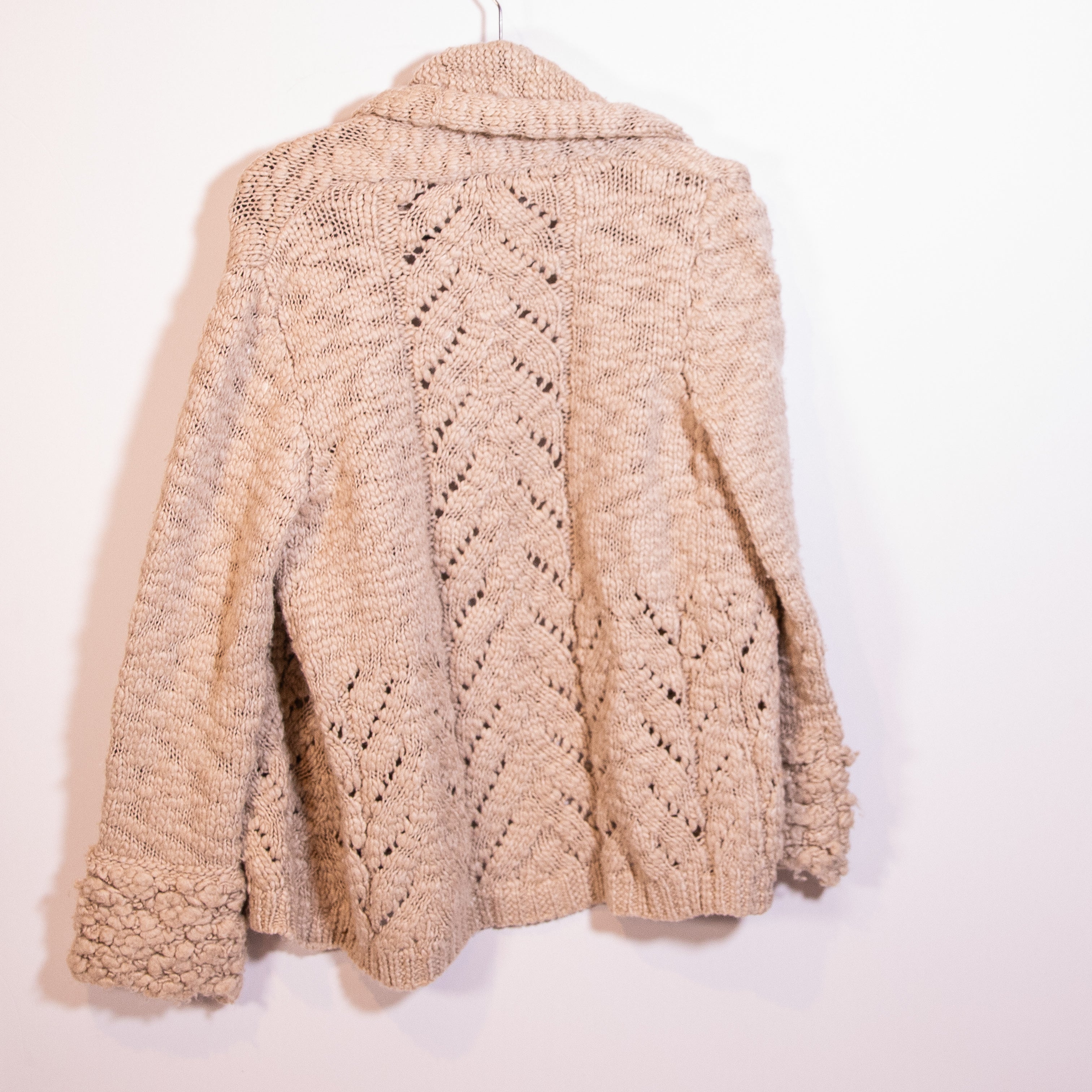 Calypso Wool Silk Knit Crochet Open Front Cardigan Sweater Beige Tan Medium