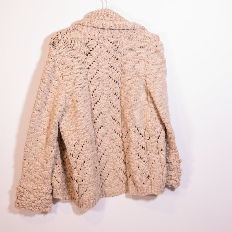 Calypso Wool Silk Knit Crochet Open Front Cardigan Sweater Beige Tan Medium