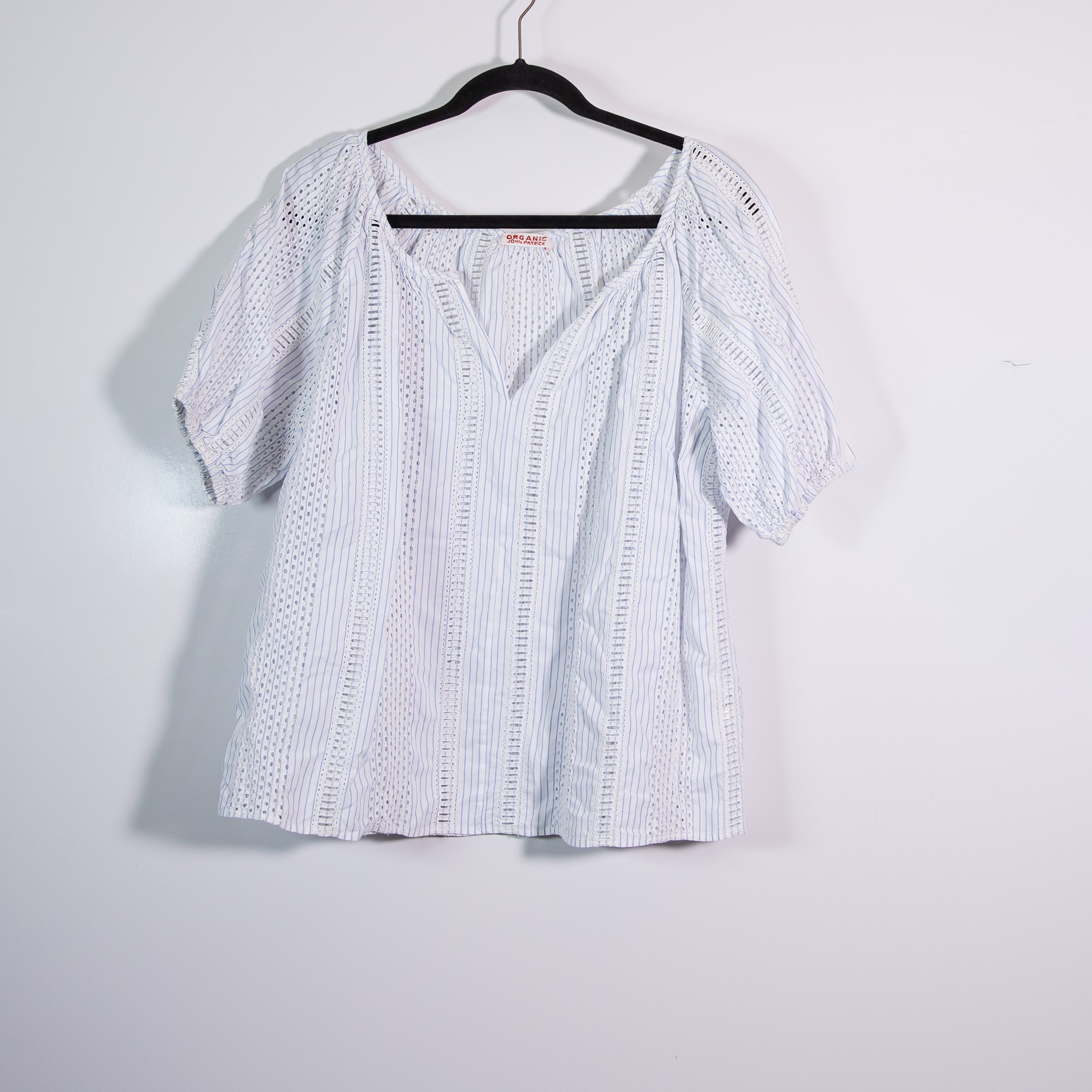 Organic John Patrick Cotton Eyelet Lace Pinstripe Short Sleeve Blouse Shirt Top