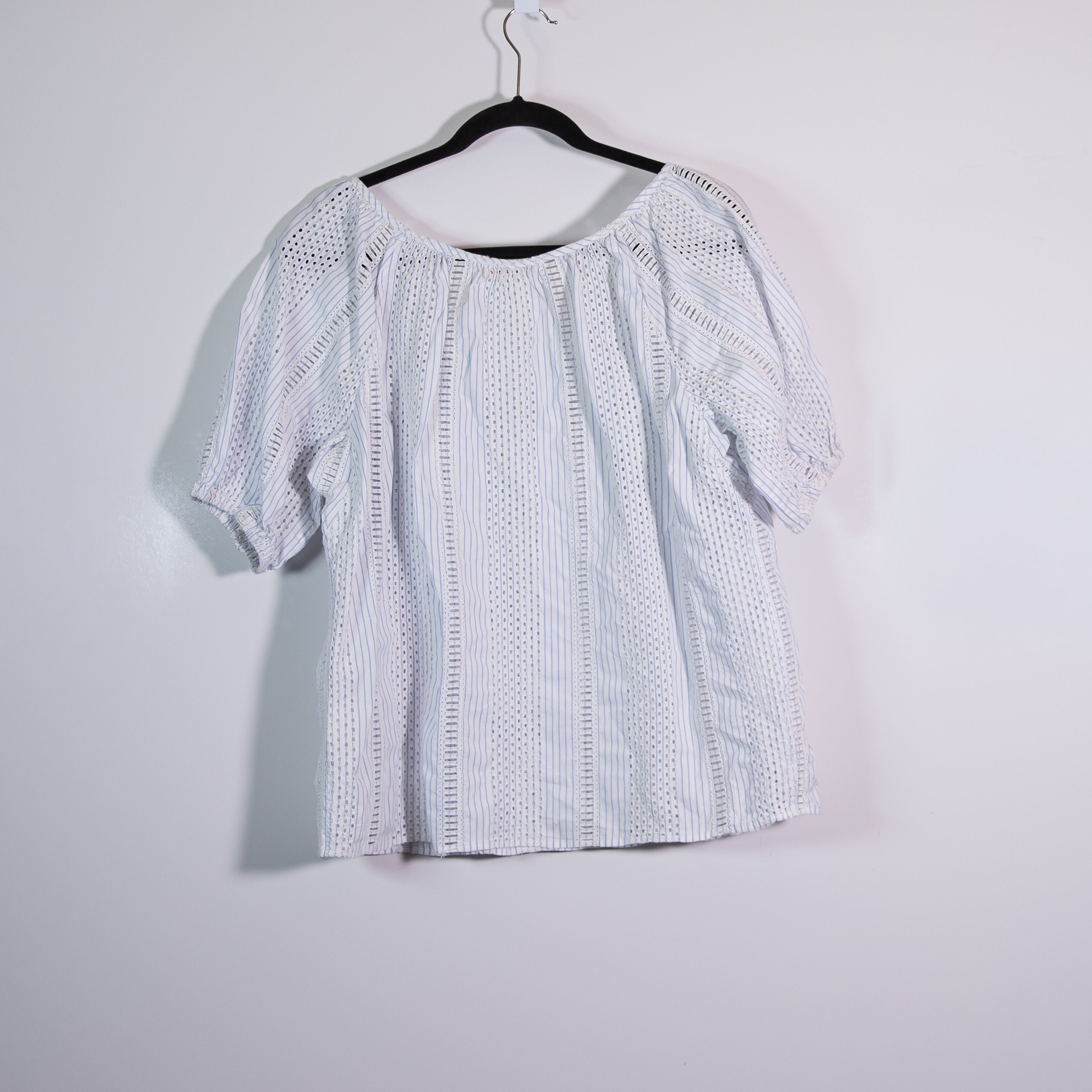 Organic John Patrick Cotton Eyelet Lace Pinstripe Short Sleeve Blouse Shirt Top