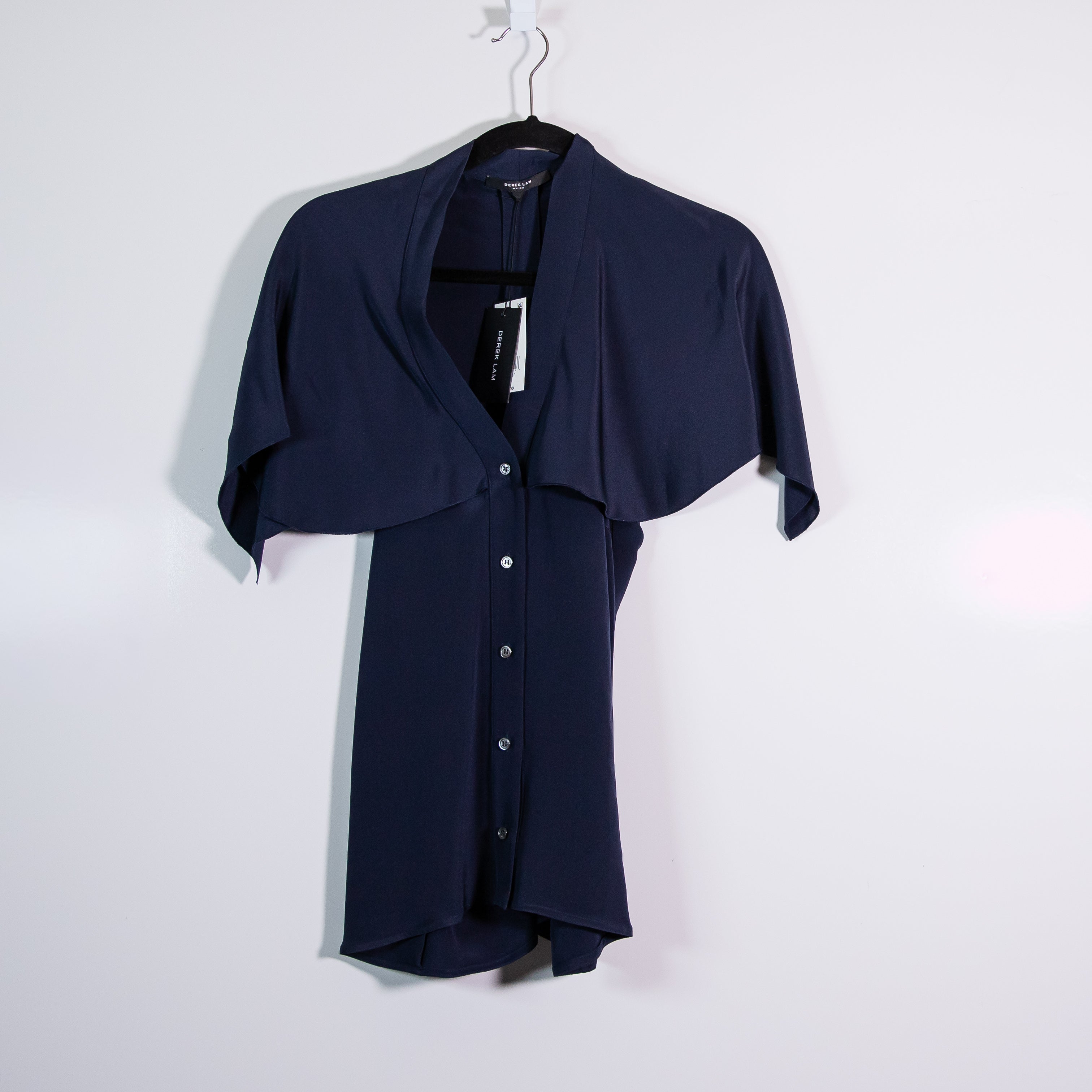 NEW Derek Lam Silk Chiffon Button Down V Neck Capelet Blouse Navy Blue Medium