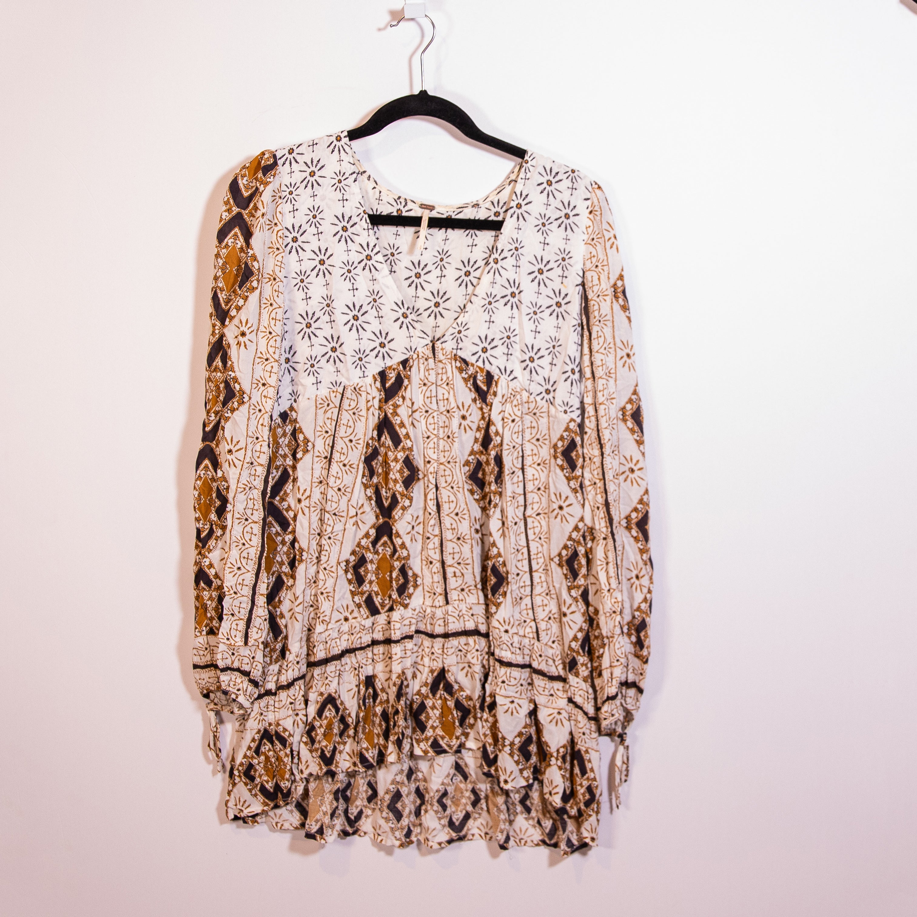 Free People 60'S Down By The Bay Long Sleeve Blouse Tunic Ivory Combo Small