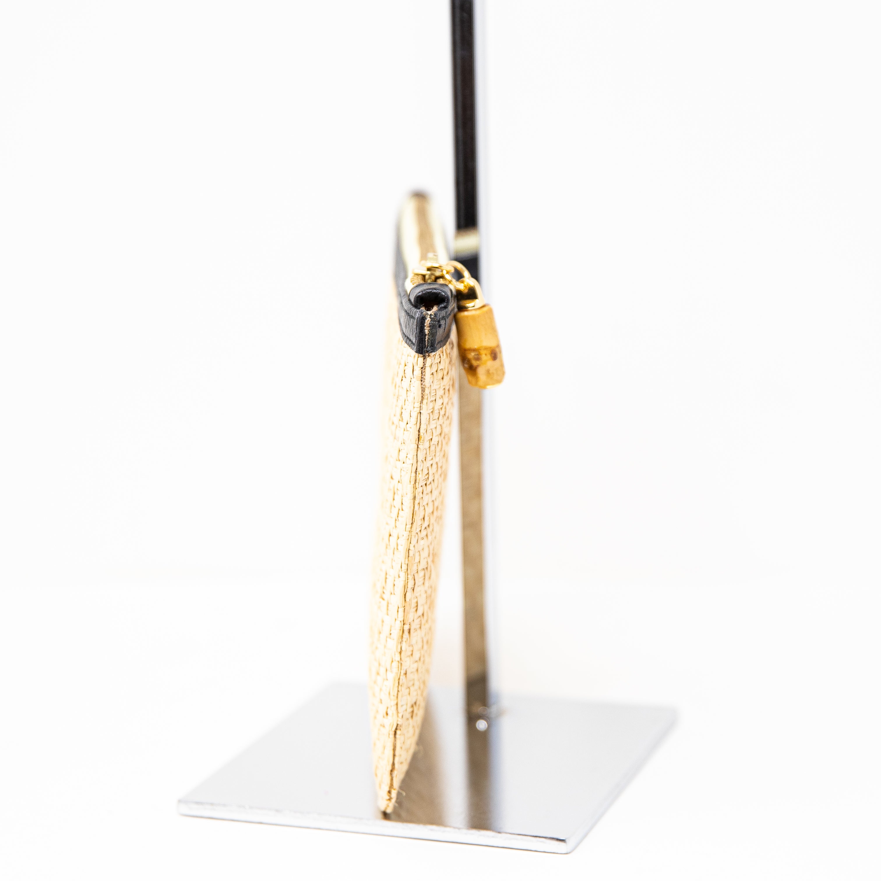 Kayu Bamboo Woven Top Zip Clutch Purse Bag Neutral Beige Leather Trim