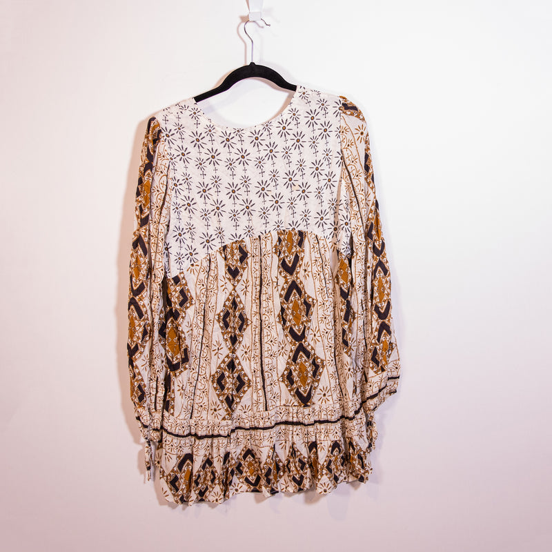 Free People 60'S Down By The Bay Long Sleeve Blouse Tunic Ivory Combo Small