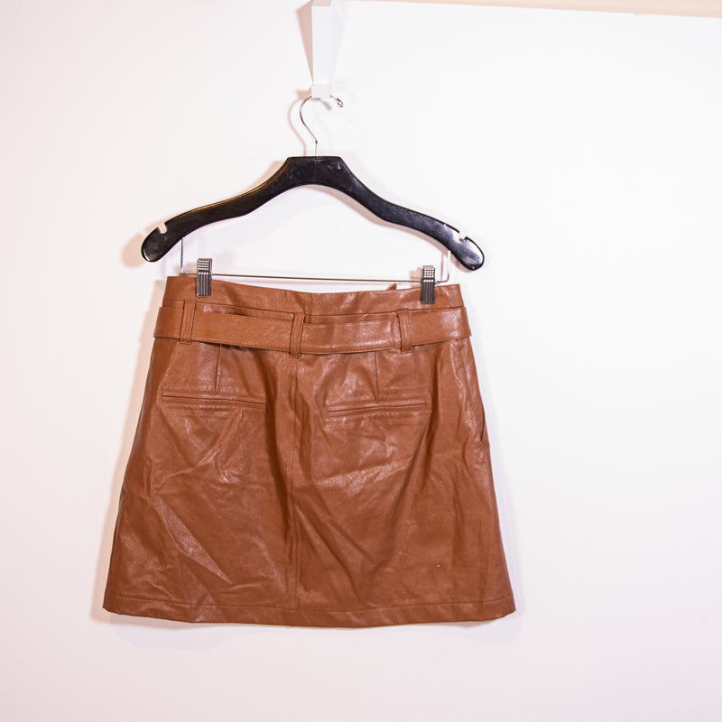Paige Blanka Faux Vegan Leather Mid Rise Belted Mini Skirt Dark Argan Medium