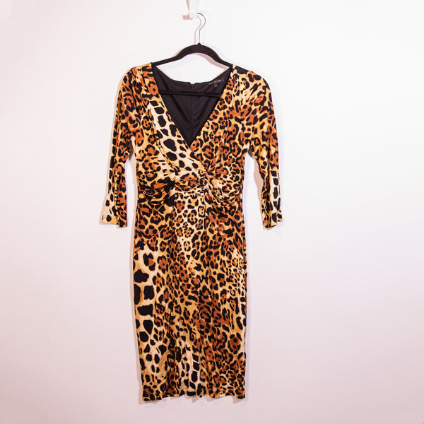 David Meister Cheetah Leopard Animal Print Pattern Stretch Sheath Dress 8